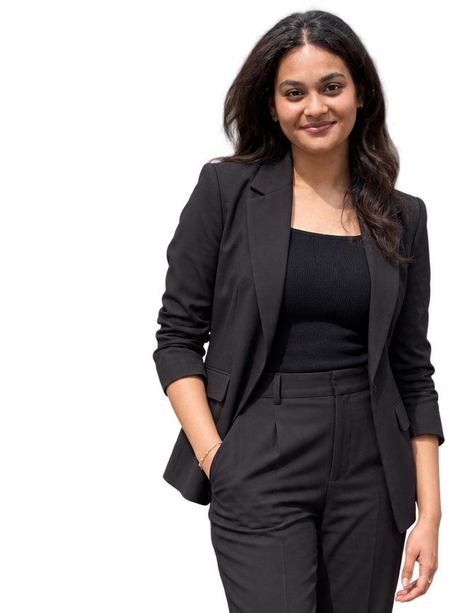 Bindushree Sanjeev Murthy in a black suit, smiling